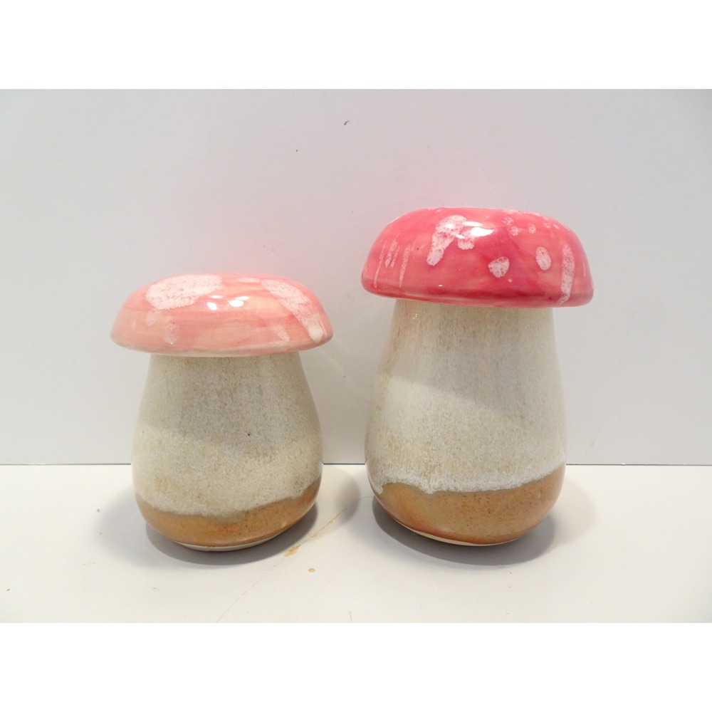 Handmade Ceramic Mushroom Canister Set Pink Red Toadstool Cottagecore Jars 2pc